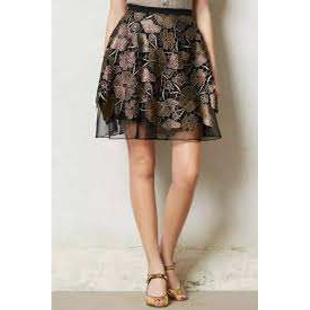 Eva Franco Anthropolgie Womens Gold Black Floral Embroidered Lace Skirt SZ 2